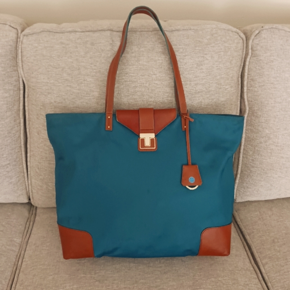 Tory Burch Teal and Brown Zip  Tote Bag